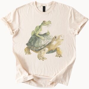 Frog Riding Turtle Graphic Tee Whimsical Animal Art Natural